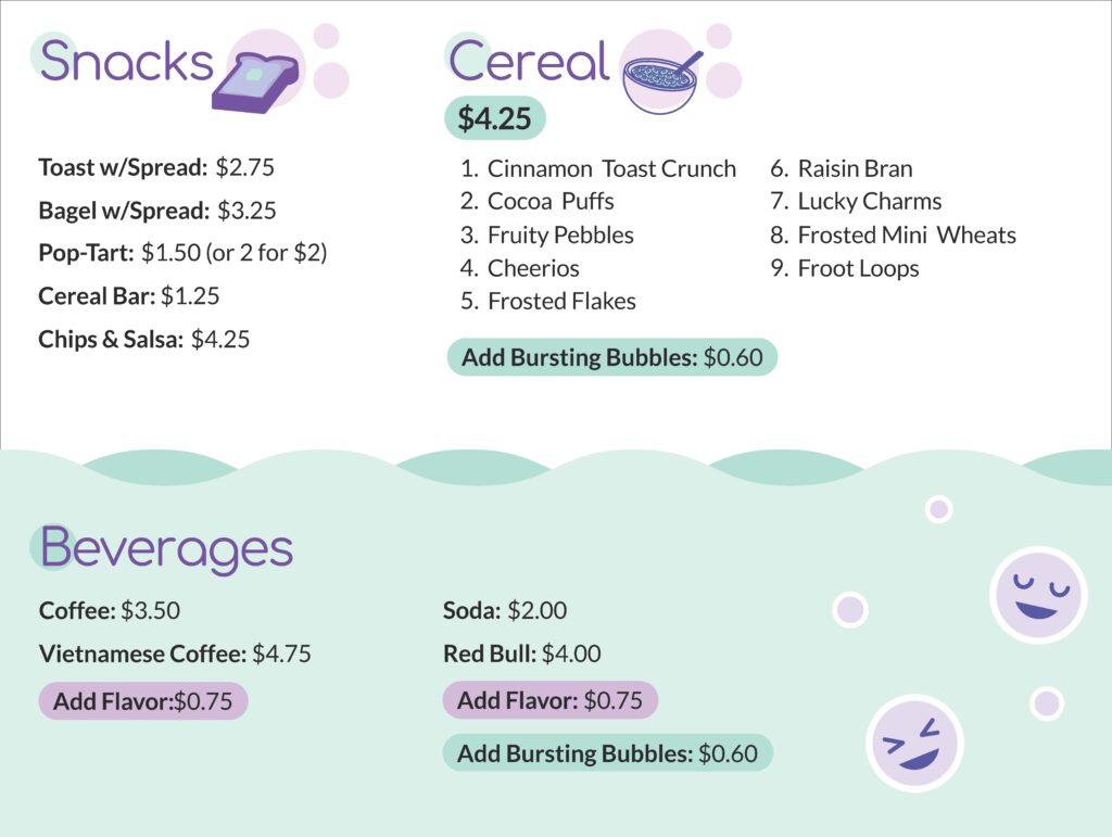 Snack menu at Bubbles in Lovington, NM